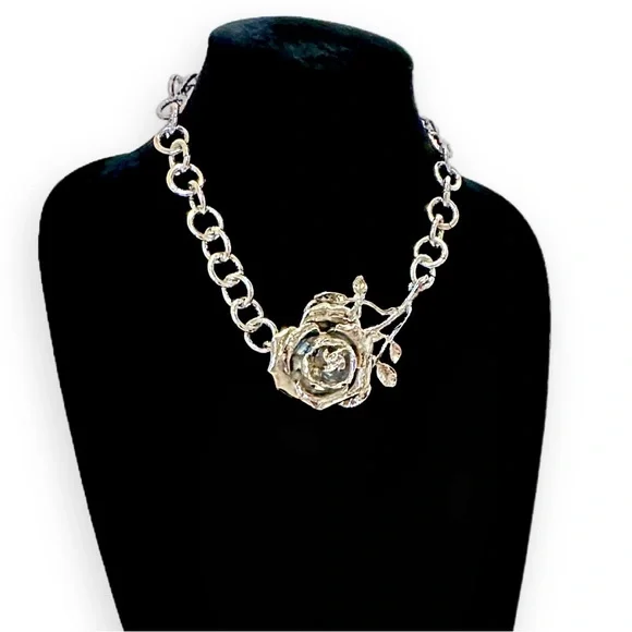 BOLD ROSE | Dramatic Sculpted Silver Rose Choker Necklace | NWOT - Picture 7 of 12